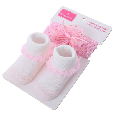 Solid Color Bow Lace Baby Socks and Headband Set