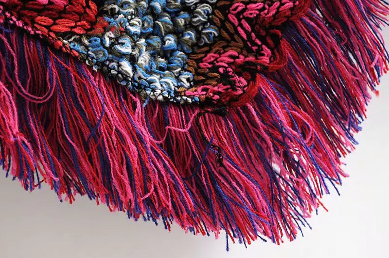 Irregular V-Neck Knit Sweater with Fringe Shawl