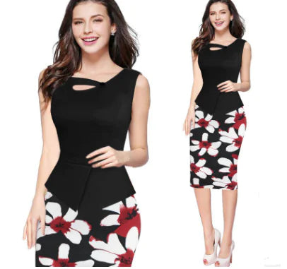 Floral Patchwork Plus Size Sleeveless Pencil Dress