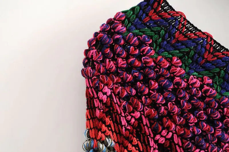 Irregular V-Neck Knit Sweater with Fringe Shawl