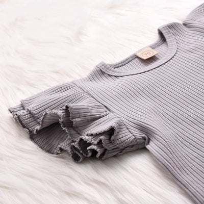 Gray Cotton Ribbed Set with Solid Top and Floral Overalls