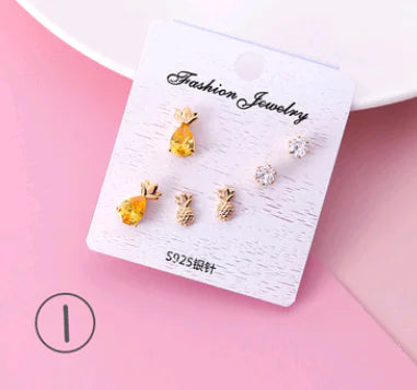 925 Silver Stud Earrings Set with Zirconia and Fruit Design