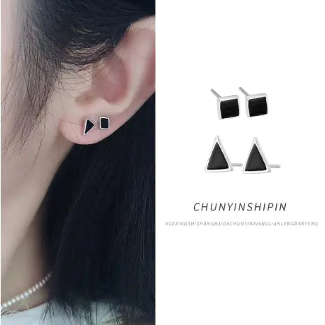 S925 Silver Triangle Stud Earrings with Black Resin