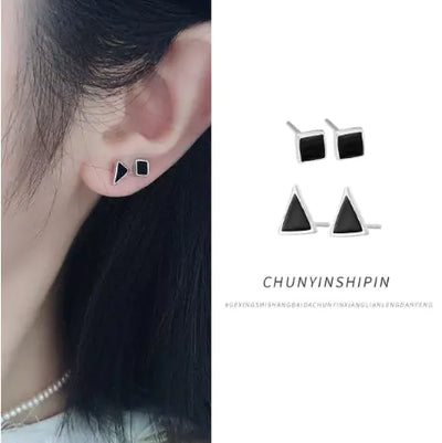 S925 Silver Triangle Stud Earrings with Black Resin