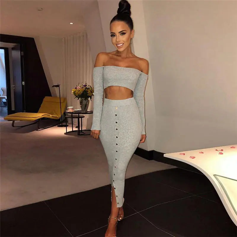 One-Shoulder Two-Piece Set with Studded Skirt & Tee