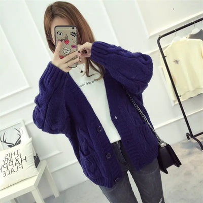Twisted Pocket Deep V-Neck Knitted Cardigan for Women