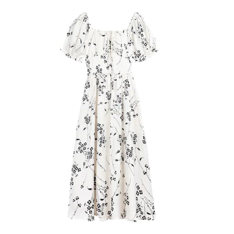 High-End White Square Neck Floral Dress