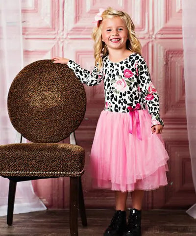 Girls' Leopard Floral Dress - Tulle Princess Dress