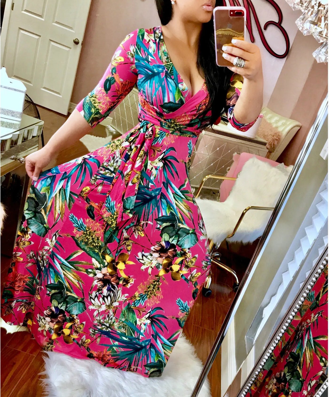 Plus Size Floral Maxi Dress with V-Neck Design