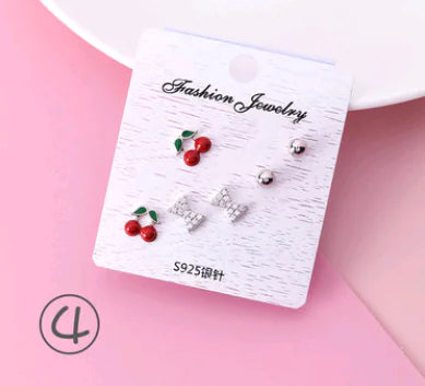 925 Silver Stud Earrings Set with Zirconia and Fruit Design