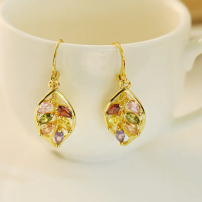 18K Gold Leaf Earrings with Colorful Gemstones