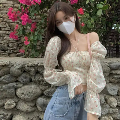 Floral Bandeau Top with Puff Sleeves for Women