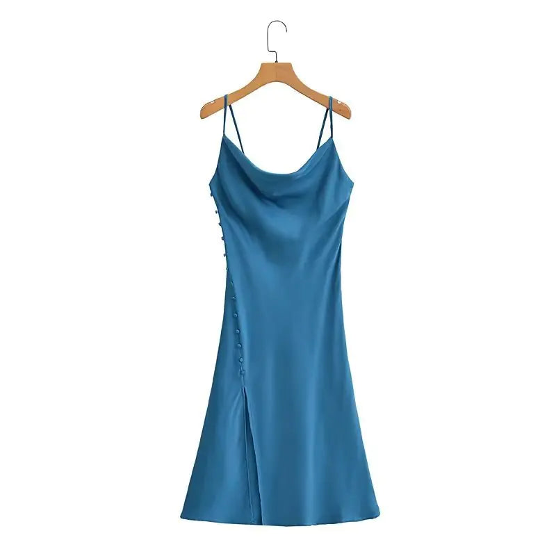 Satin Texture Backless Sling Dress with Fastener