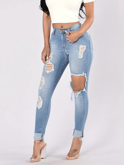 Blue Ripped High Waist Skinny Jeans with Slash Pockets