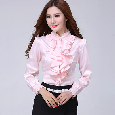 Pink Ruffled Collar Long Sleeve Shirt for Women