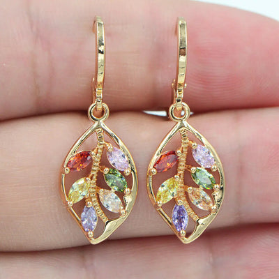 18K Gold Leaf Earrings with Colorful Gemstones