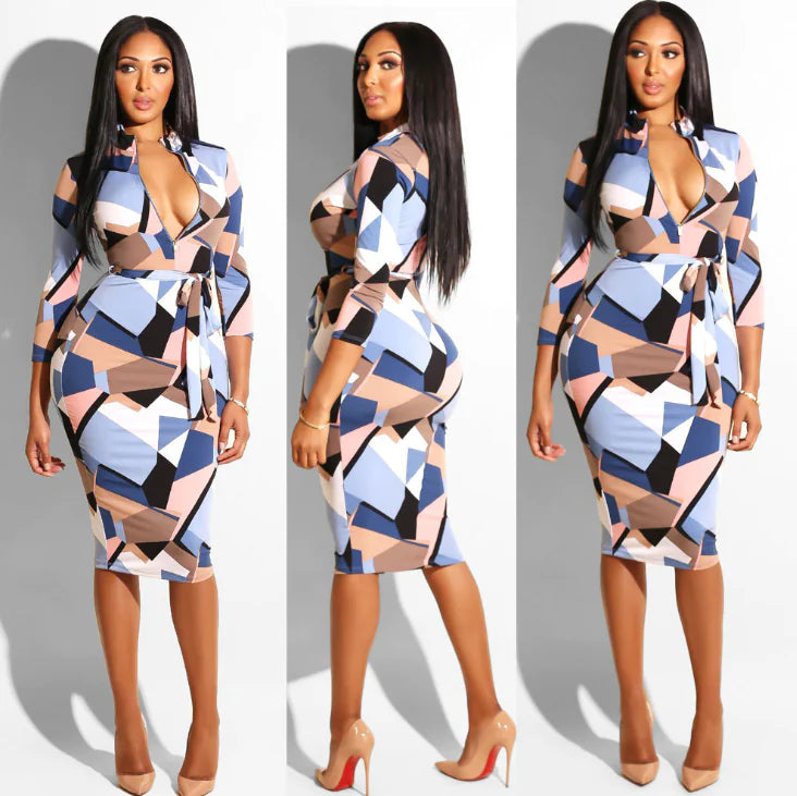 Printed Zipper Dress with Belted Design