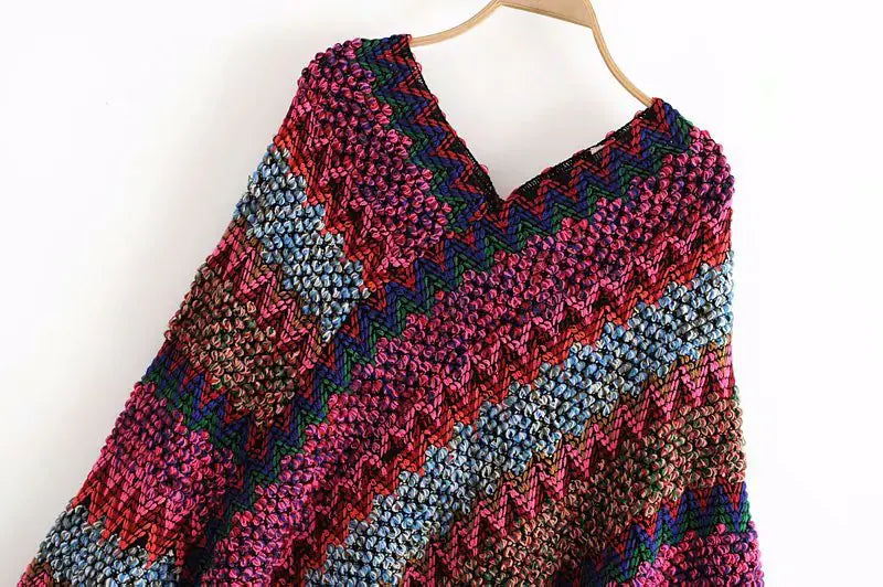 Irregular V-Neck Knit Sweater with Fringe Shawl