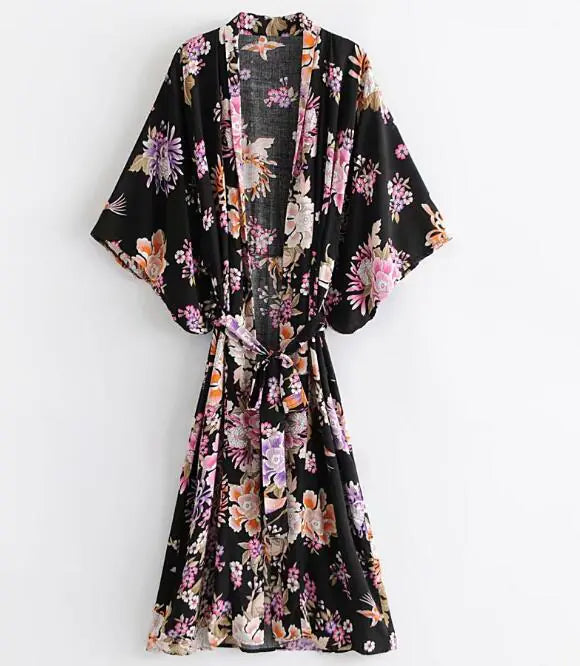 Women's Black Bohemian Printed Kimono Robe