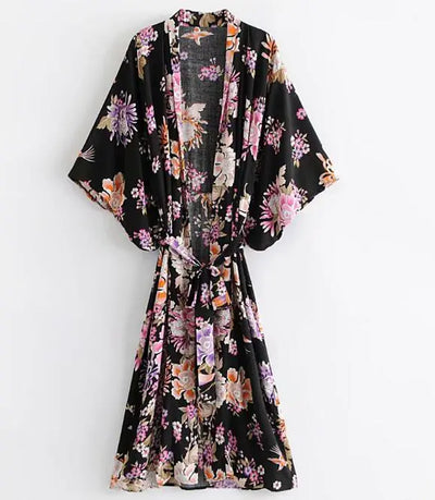 Women's Black Bohemian Printed Kimono Robe