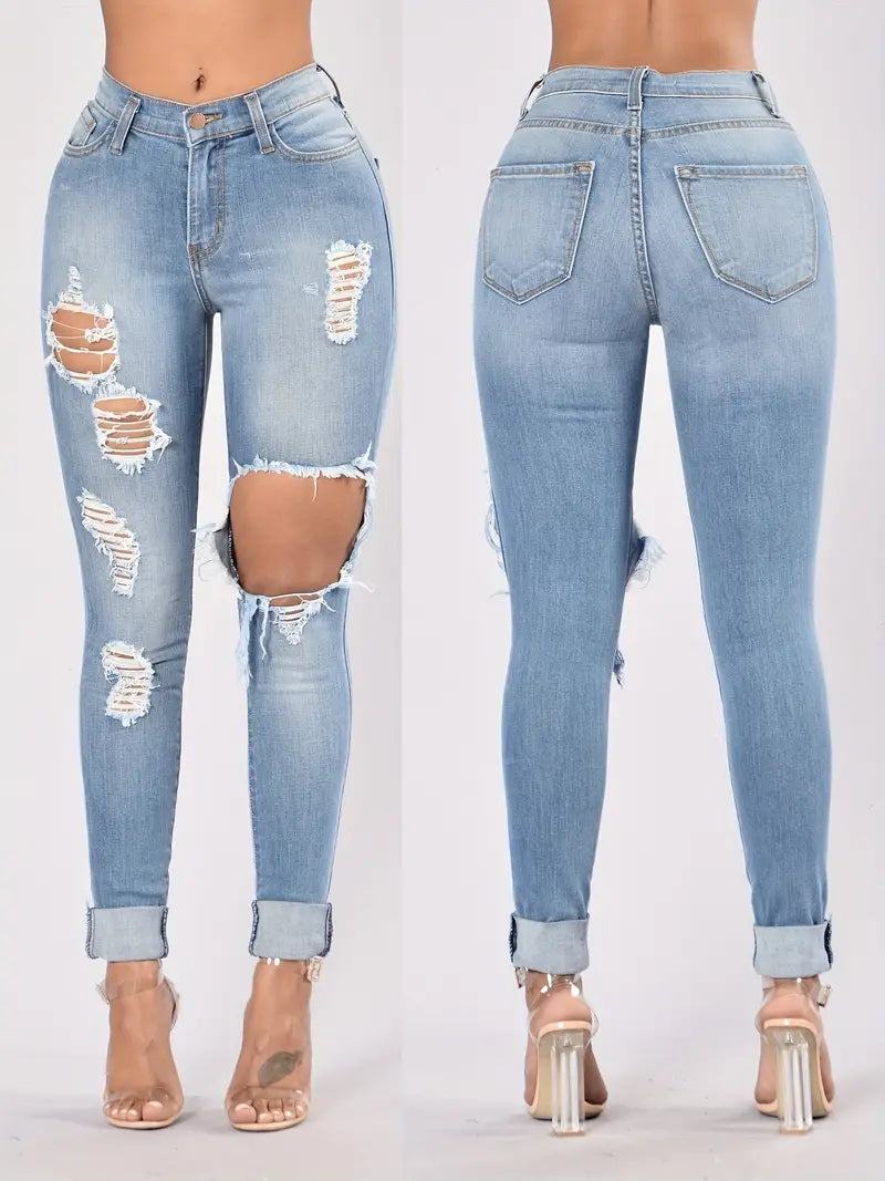 Blue Ripped High Waist Skinny Jeans with Slash Pockets