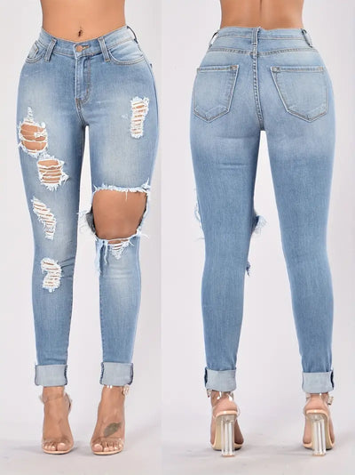 Blue Ripped High Waist Skinny Jeans with Slash Pockets