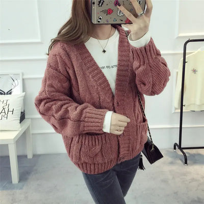 Twisted Pocket Deep V-Neck Knitted Cardigan for Women