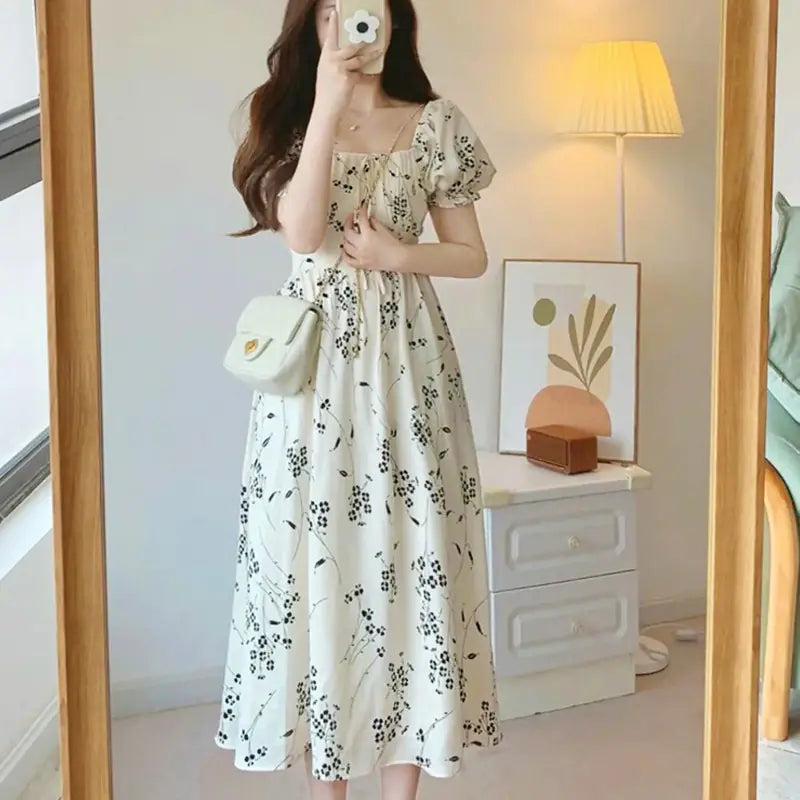 High-End White Square Neck Floral Dress