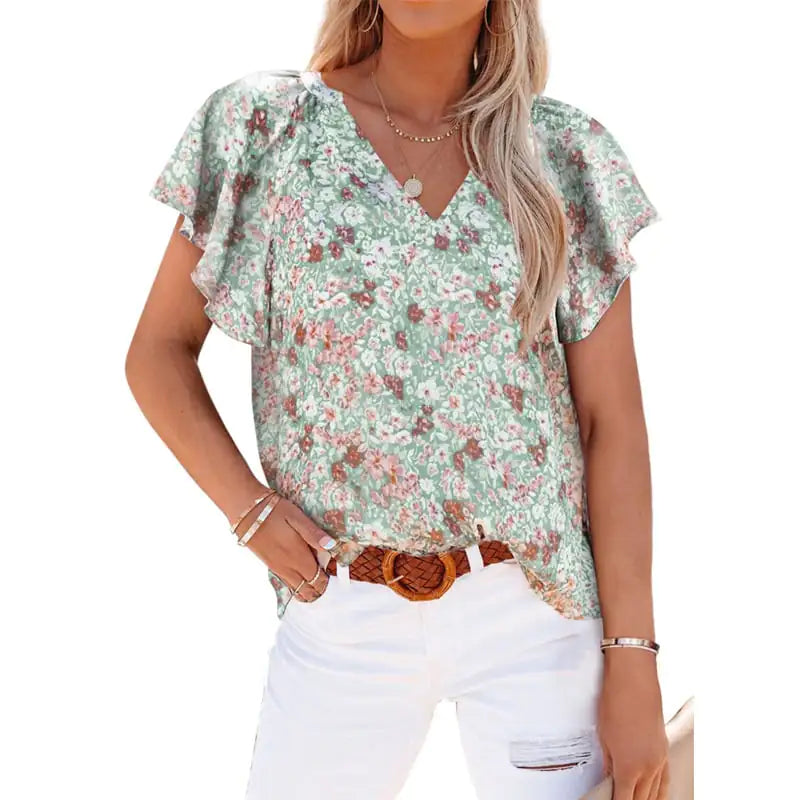 V-neck Printed Short-Sleeved Casual Pullover Shirt