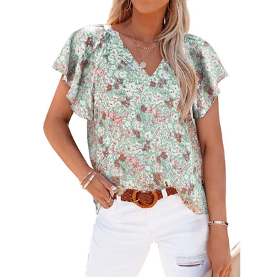 V-neck Printed Short-Sleeved Casual Pullover Shirt