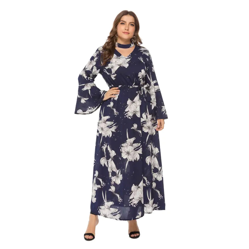 Plus Size Boho Floral Maxi Dress with Choker Neckline