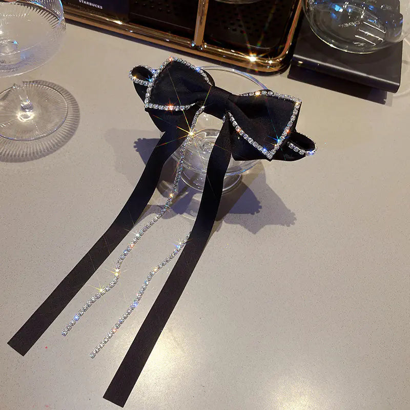 Black Bow Hair Accessory with Rhinestones and Tassels