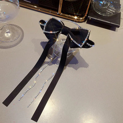 Black Bow Hair Accessory with Rhinestones and Tassels