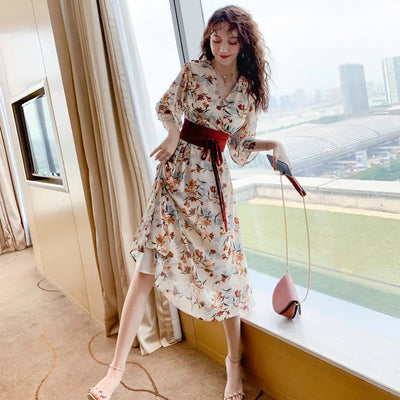 Plus Size Modified Hanfu Summer Dress with Floral Design