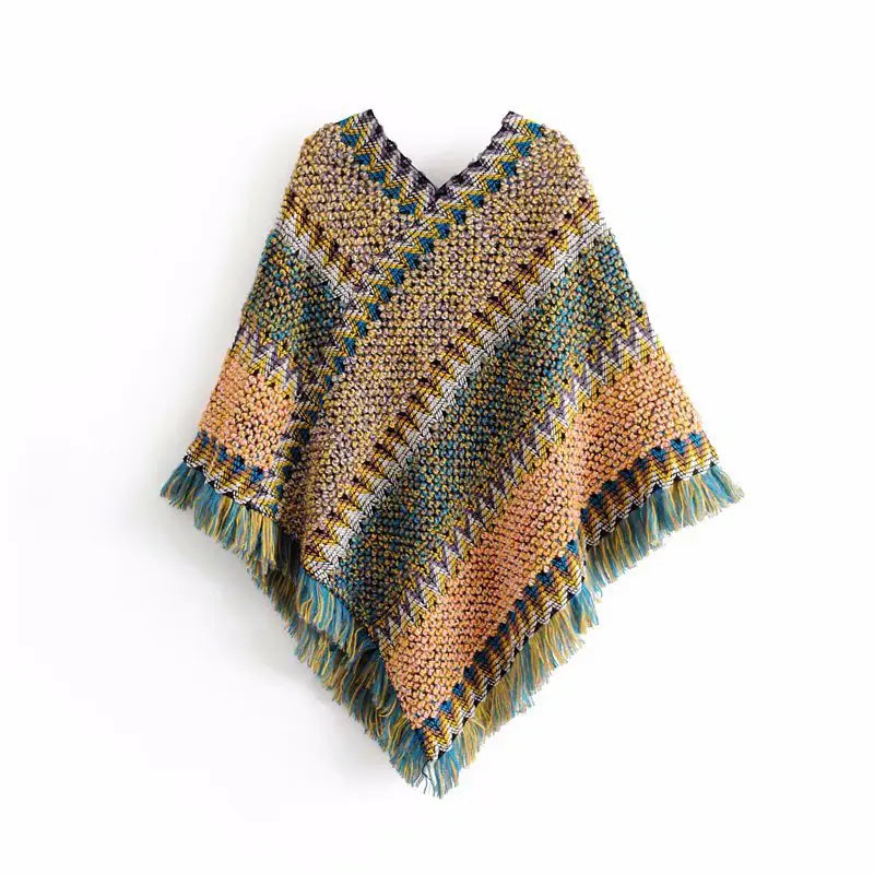 Irregular V-Neck Knit Sweater with Fringe Shawl