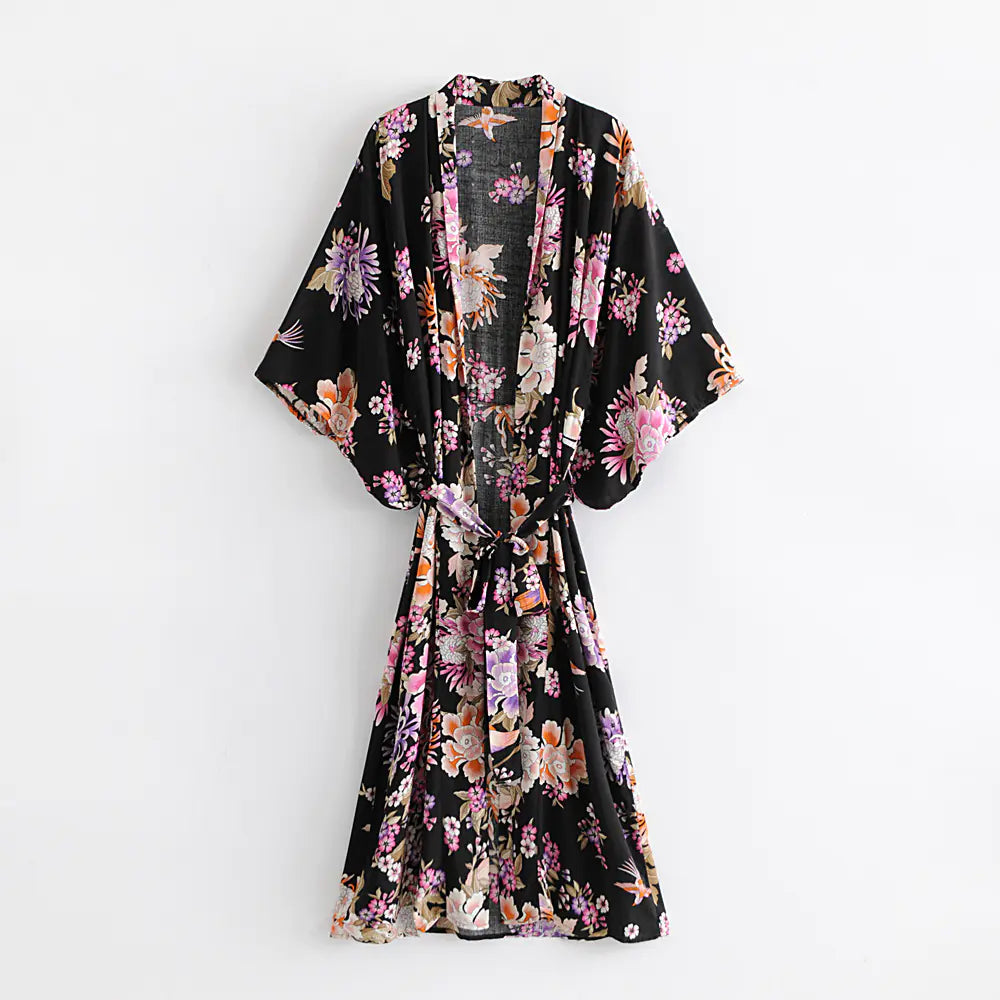 Women's Black Bohemian Printed Kimono Robe