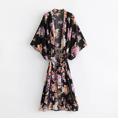 Women's Black Bohemian Printed Kimono Robe
