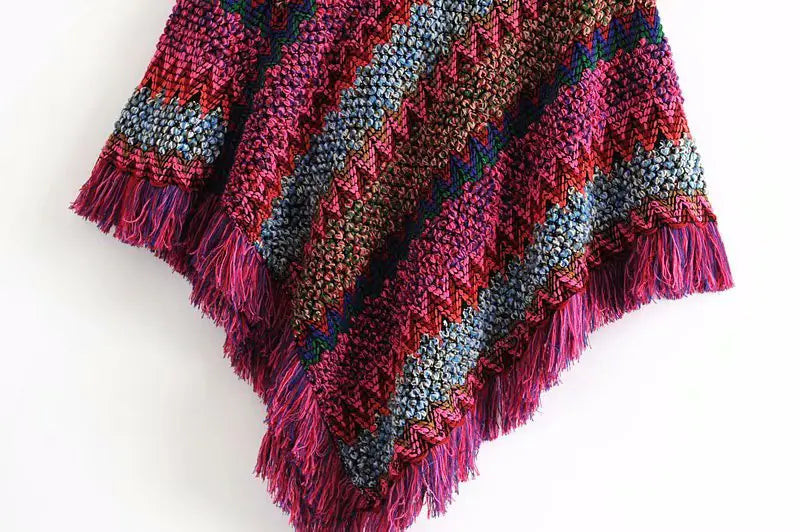 Irregular V-Neck Knit Sweater with Fringe Shawl