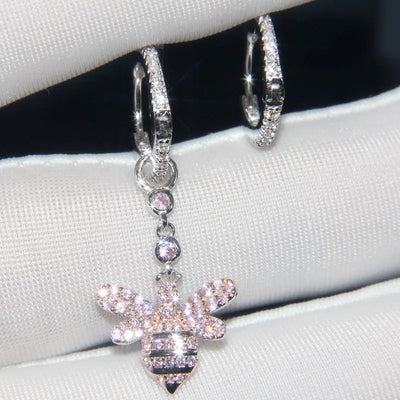 Pink Bee Hoop Earrings with Crystal Accents
