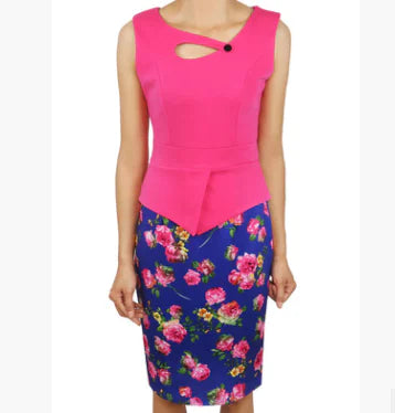 Floral Patchwork Plus Size Sleeveless Pencil Dress