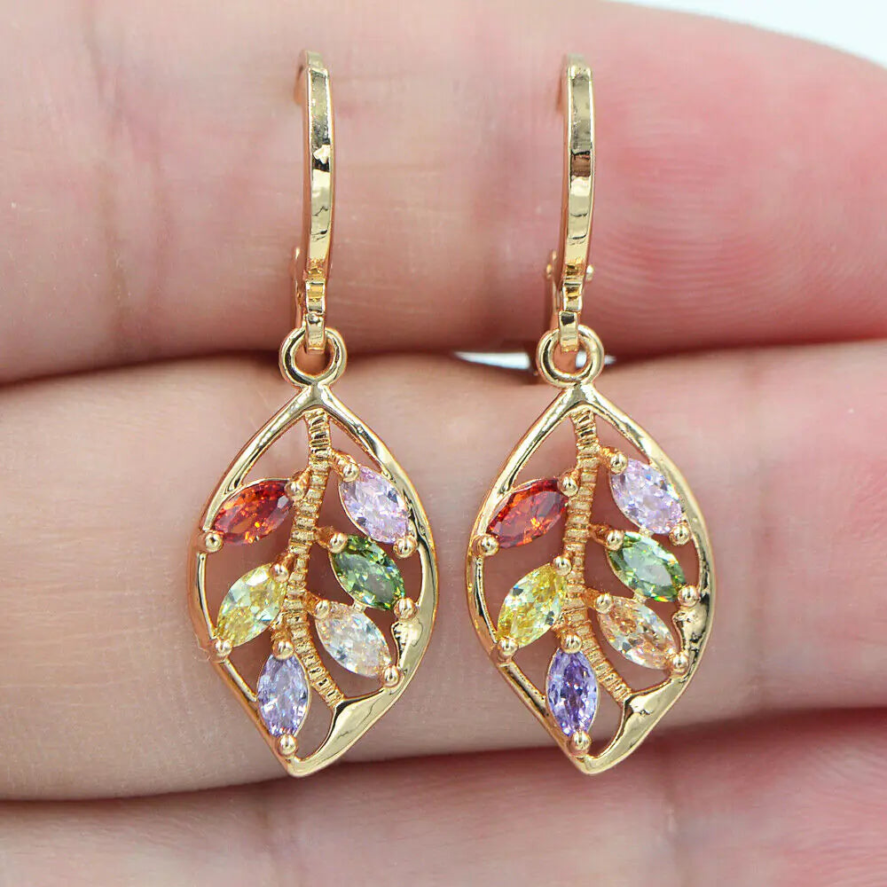 18K Gold Leaf Earrings with Colorful Gemstones