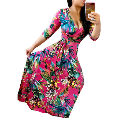 Plus Size Floral Maxi Dress with V-Neck Design