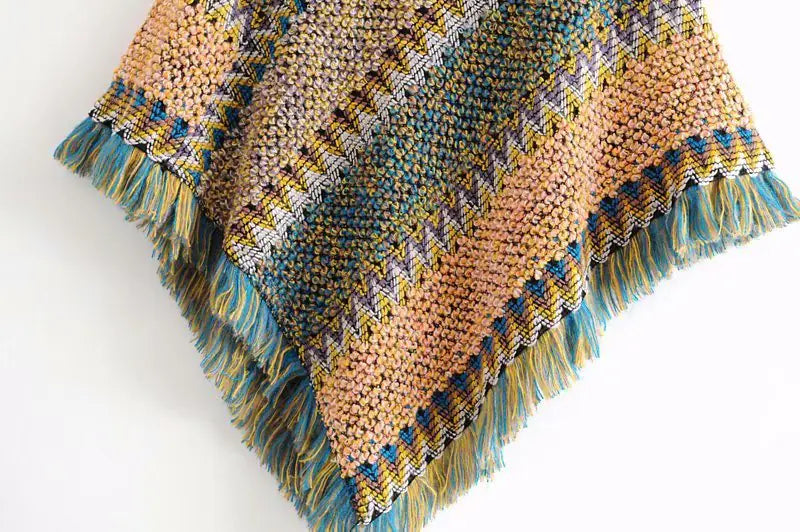 Irregular V-Neck Knit Sweater with Fringe Shawl