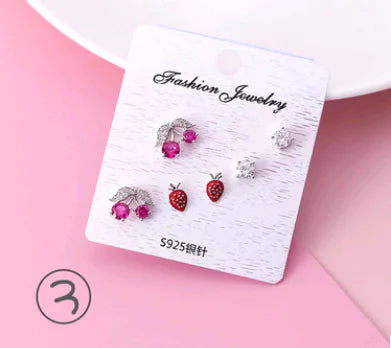 925 Silver Stud Earrings Set with Zirconia and Fruit Design