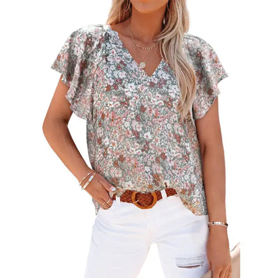 V-neck Printed Short-Sleeved Casual Pullover Shirt