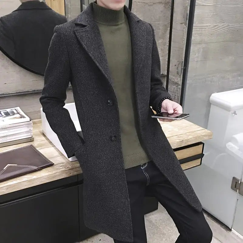 Korean Men's Mid-Length Woolen Coat - Large Size NF06