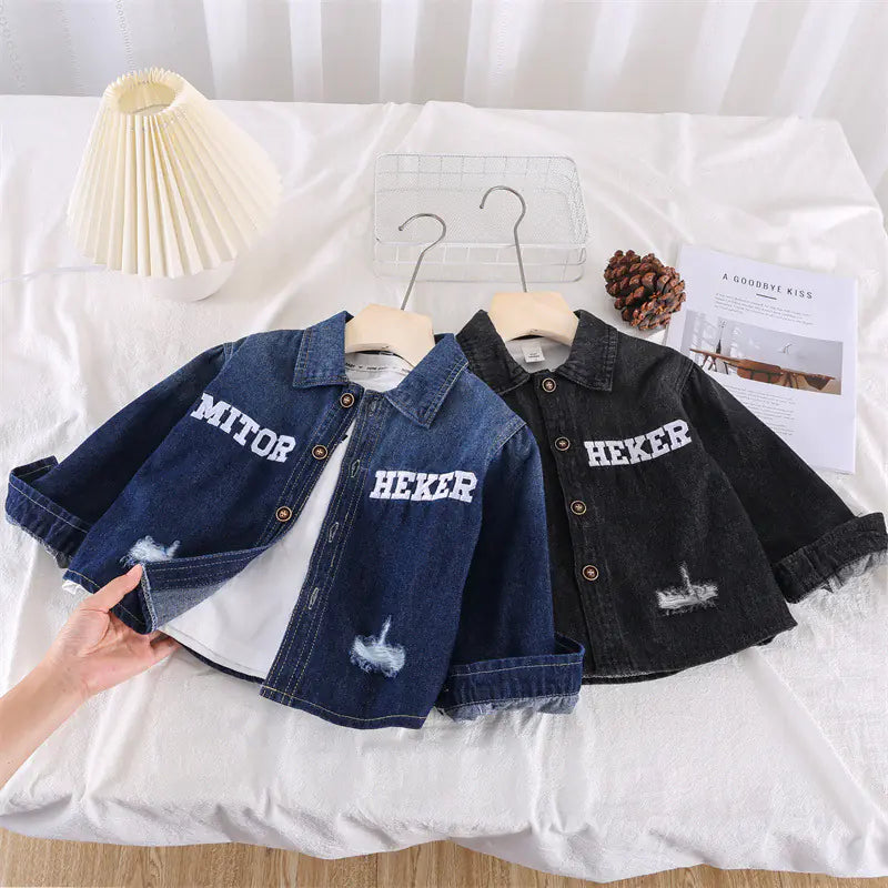2023 Fall Boys' Casual Denim Shirt with Embroidery