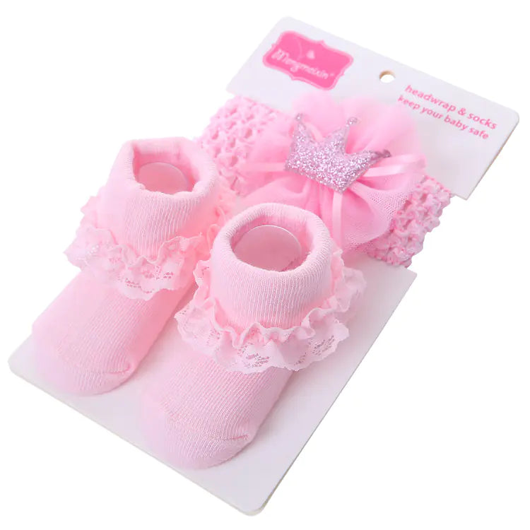 Solid Color Bow Lace Baby Socks and Headband Set