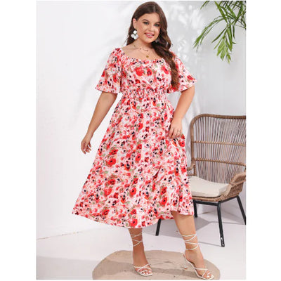 Plus Size Women's Floral Square Neck Tea Dress