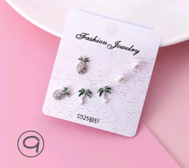 925 Silver Stud Earrings Set with Zirconia and Fruit Design